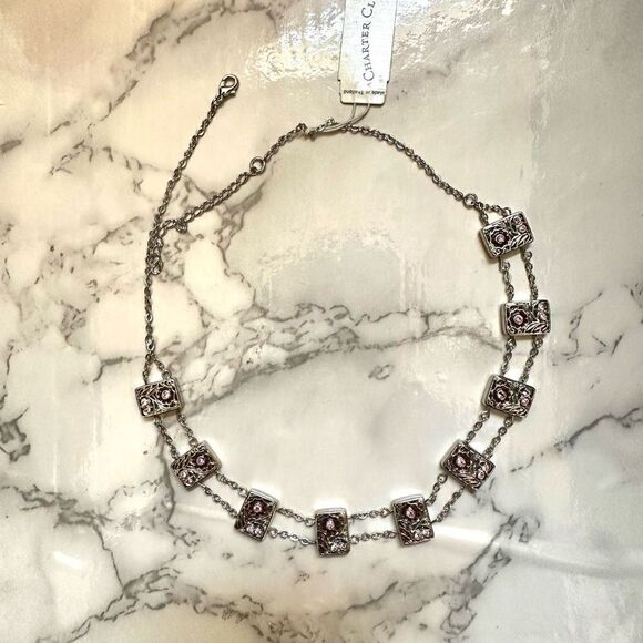 Charter club silver tone and pink rhinestone necklace - Picture 2 of 9